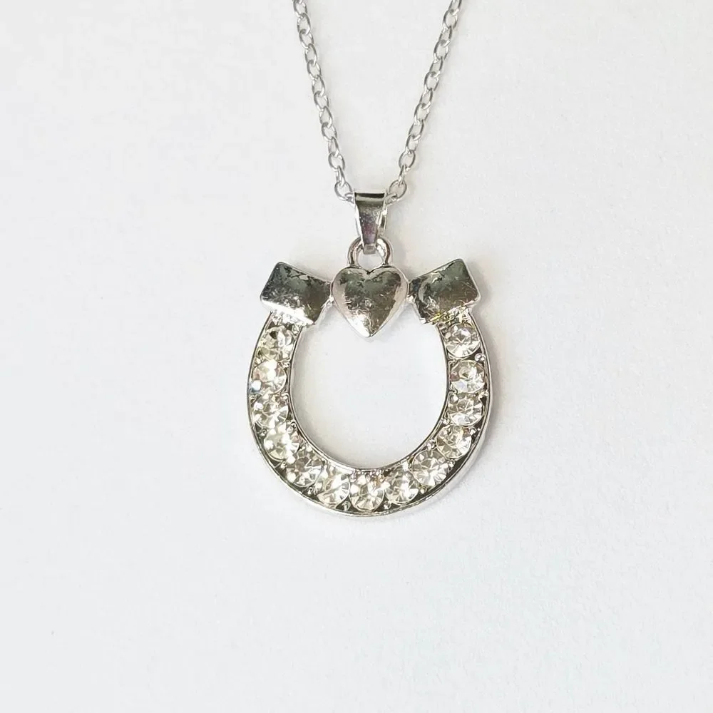 Silver Horseshoe Pendant Necklace Rhinestone Lucky Charm Equestrian Jewelry 20